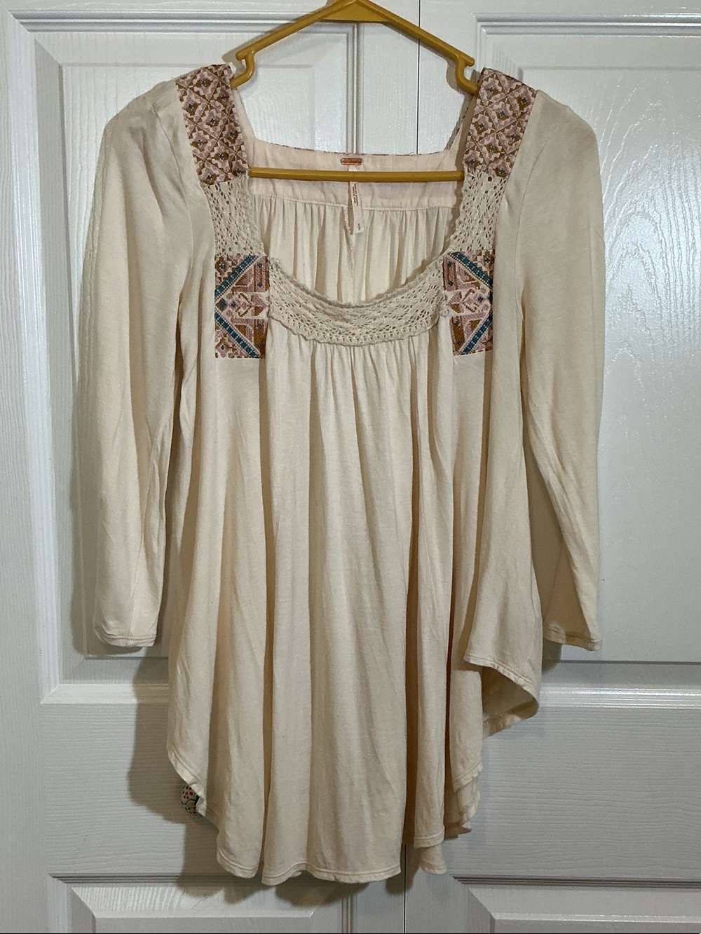 Free People Cream Embroidered Boho Tunic Top